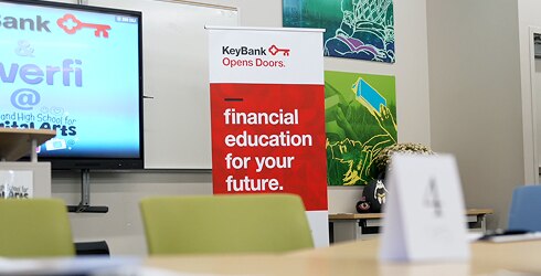 Classroom with KeyBank Opens Doors sign