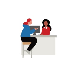 Illustration of two women meeting at a desk. 