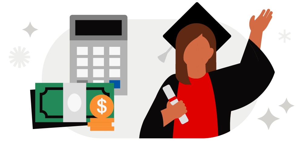 Illustration of a graduate holding a diploma with icons representing tuition costs and financial planning.