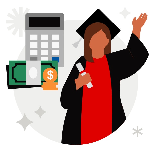 Illustration of a graduate holding a diploma with icons representing tuition costs and financial planning.