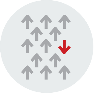 Multiple grey up arrows and one red down arrow