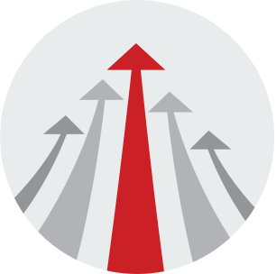 Multiple grey arrows pointing up with a red arrow in the middle center